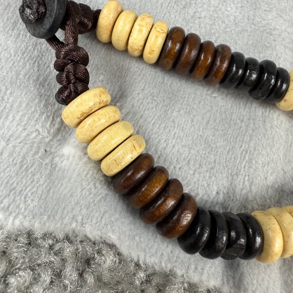 Chunky Natural Wood Bead Necklace Black Brown/Beige Layers & Loop Button Closure - Picture 13 of 16